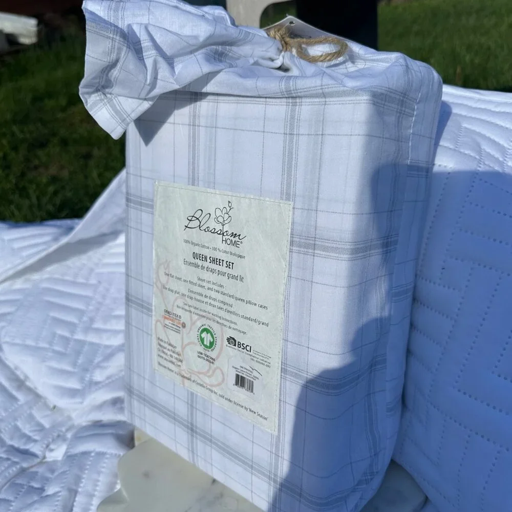 BLOSSOM HOME‎ Organic Cotton Sheet Set Queen Grey Classic Plaid